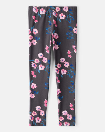 Girls Floral Cotton Pull-On Stretch Leggings - Black, 