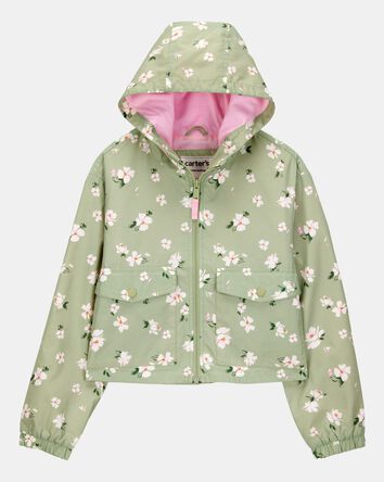 Girls Floral Print Windbreaker Jacket - Olive, 