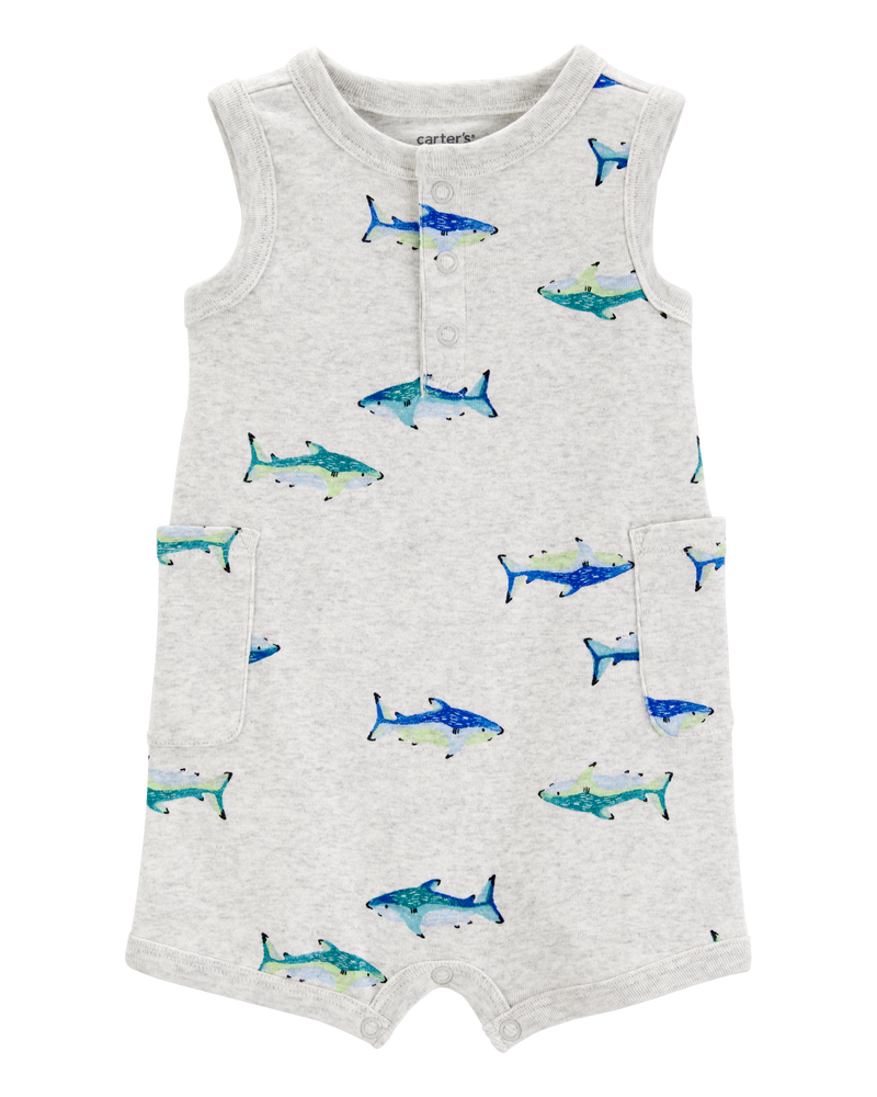 Baby Boy Fish Cotton Blend Romper - Grey, image 1 of 4 slides