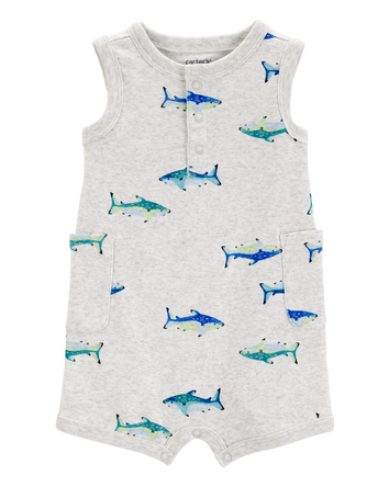Baby Boy Fish Cotton Blend Romper - Grey, 