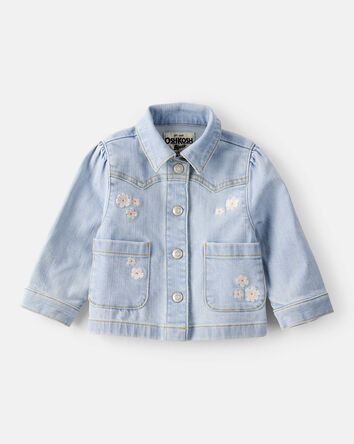 Baby Girl Flower Embroidered Denim Jacket - Light Wash, 