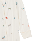 Baby Girl Camp Print 2-Way Zip PurelySoft Convertible Foot Sleep & Play Pajamas - Ivory, image 2 of 7 slides