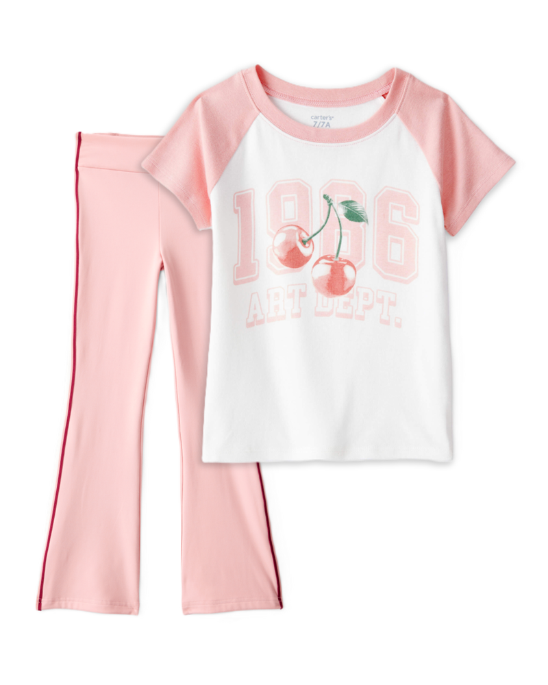Girls 2-Piece Cherry Graphic Tee & Knit Flare Pants Set - Ivory/Pink, image 1 of 7 slides