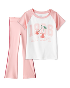 Girls 2-Piece Cherry Graphic Tee & Knit Flare Pants Set - Ivory/Pink, image 1 of 7 slides