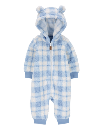 Baby Plaid Hooded Fuzzy Jumpsuit, 