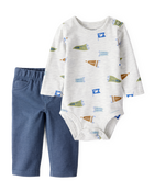 Baby Boy 2-Piece Football Print Bodysuit & Faux Denim Pants Set - Grey/Navy, image 1 of 6 slides