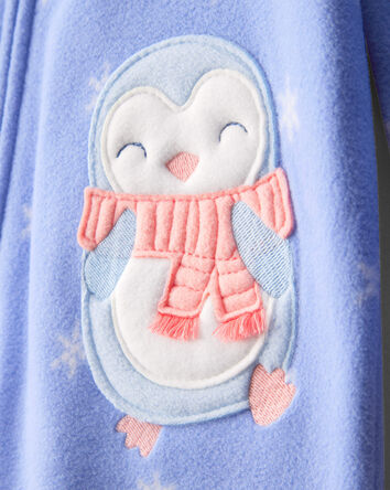 Baby Girl Penguin Print Fleece Long-Sleeve Loose Fit 1-Piece Pajamas - Blue, 