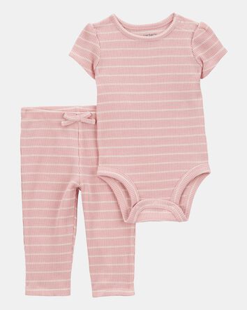 Baby Girl 2-Piece Striped Short-Sleeve Waffle Knit Bodysuit Pant Set - Pink, 