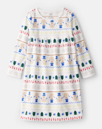Girls Snowman Fair Isle Fleece Long-Sleeve Loose Fit Night Gown - White, 