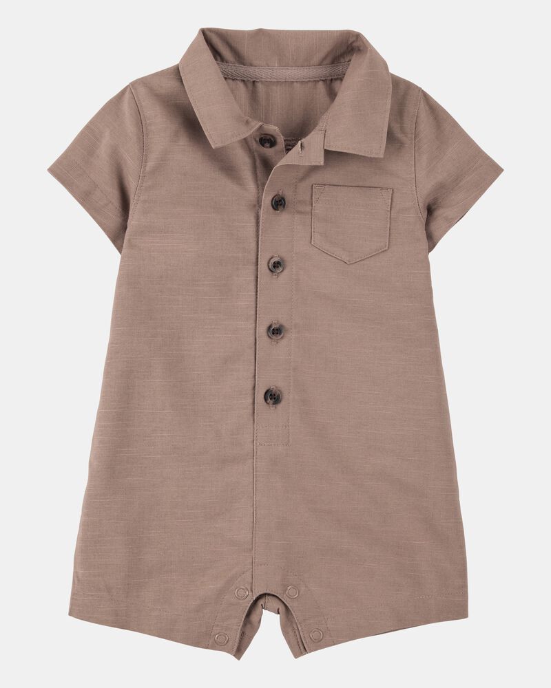 Baby Button-Down Polo Romper - Brown, image 1 of 3 slides