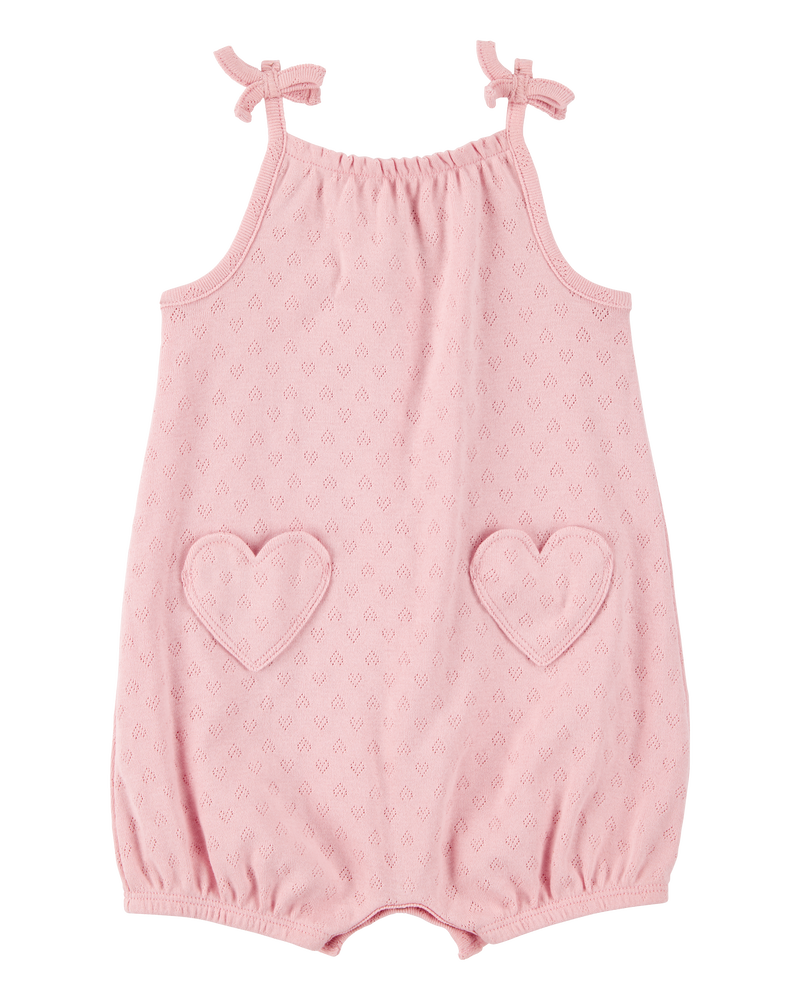 Baby Heart Pockets Cotton Romper - Pink, image 1 of 3 slides