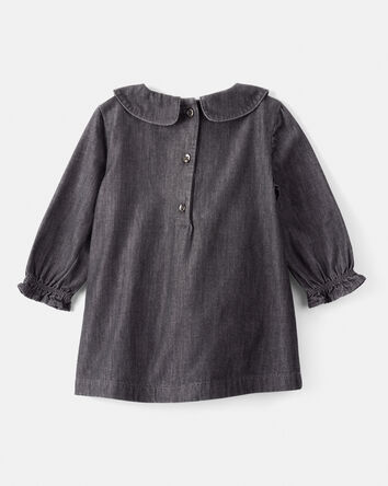 Baby Girl Floral Motif Chambray Long-Sleeve Dress - Grey, 