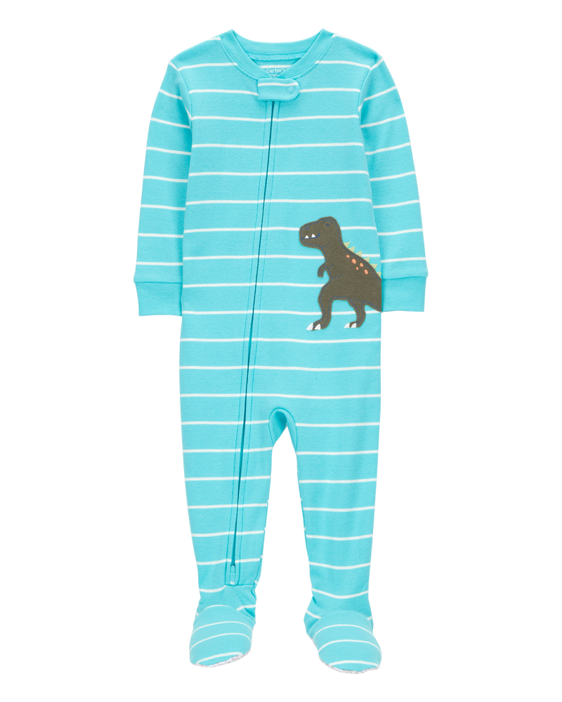 Toddler Boy 1-Piece Striped Dinosaur 100% Snug Fit Cotton Footie Pajamas - Turquoise, image 1 of 3 slides