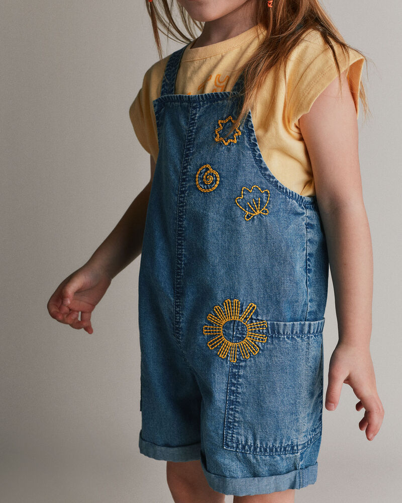 Toddler Embroidered Shortall with Pockets in Chambray, image 3 of 7 slides