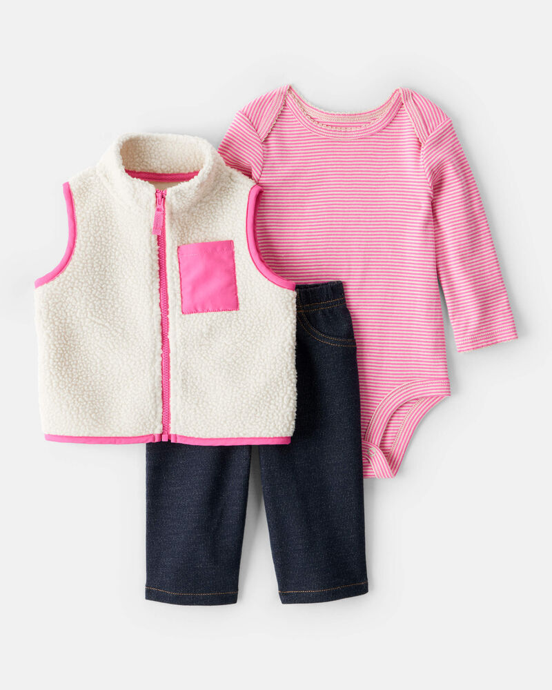 Baby Girl 3-Piece Fleece Vest Outfit Set - Pink, image 1 of 7 slides