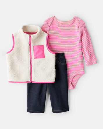 Baby Girl 3-Piece Fleece Vest Outfit Set - Pink, 