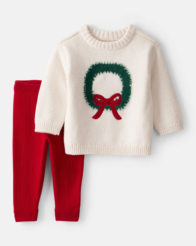 Baby Girl 2-Piece Wreath Long-Sleeve Sweater & Pant Set - White/Red, image 1 of 6 slides