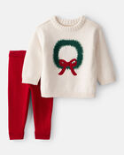 Baby Girl 2-Piece Wreath Long-Sleeve Sweater & Pant Set - White/Red, image 1 of 6 slides