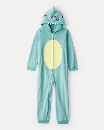 Boys Dinosaur Fleece Hooded Zip-Up 1-Piece Pajama Jumpsuit  - Blue, 