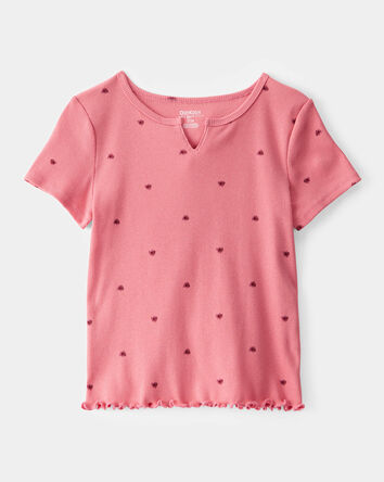 Girls Ribbed Heart Print Short-Sleeve Shirt - Pink, 