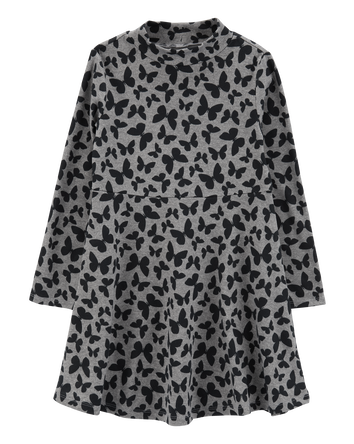 Kid Butterfly Print Mock Neck Long-Sleeve Dress, 