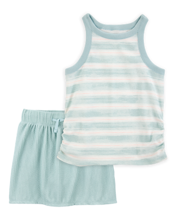 Kid 2-Piece Ribbed Tank Top & Textured Drawstring Skort Set - Green, 
