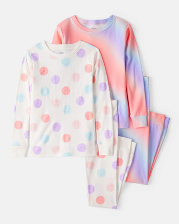 Girls Rainbow Print 100% Cotton Long-Sleeve 4-Piece Pajamas - White, 