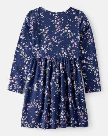 Girls Floral Print Long Sleeve Cotton Dress - Navy, 