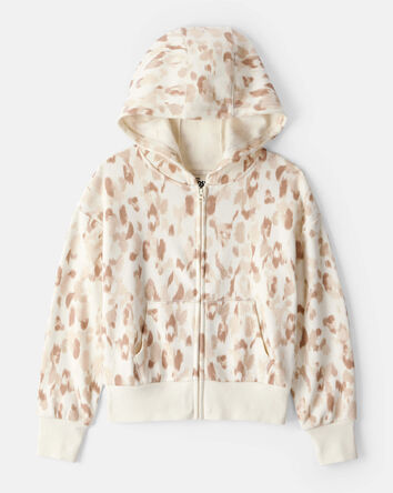 Girls  DayDream Fleece Leopard Print Hooded Zip-Up Jacket - Cream, 