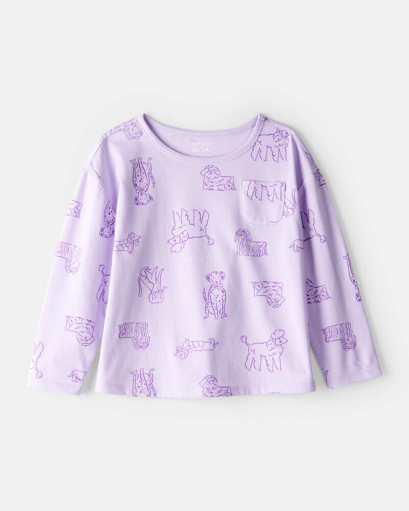 Toddler Girl Dog Print Long-Sleeve Pocket Tee - Purple, image 1 of 3 slides