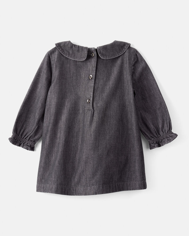 Baby Girl Floral Motif Chambray Long-Sleeve Dress - Grey, image 2 of 6 slides