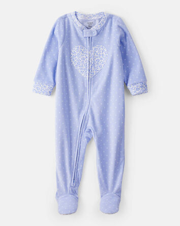 Baby Girl Heart Print Loose Fit Long-Sleeve 2-Way Zip 1-Piece Pajamas - Blue, 