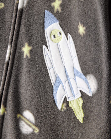 Baby Boy Spaceship Star Print Fleece Long-Sleeve Loose Fit 1-Piece Pajamas - Grey, 