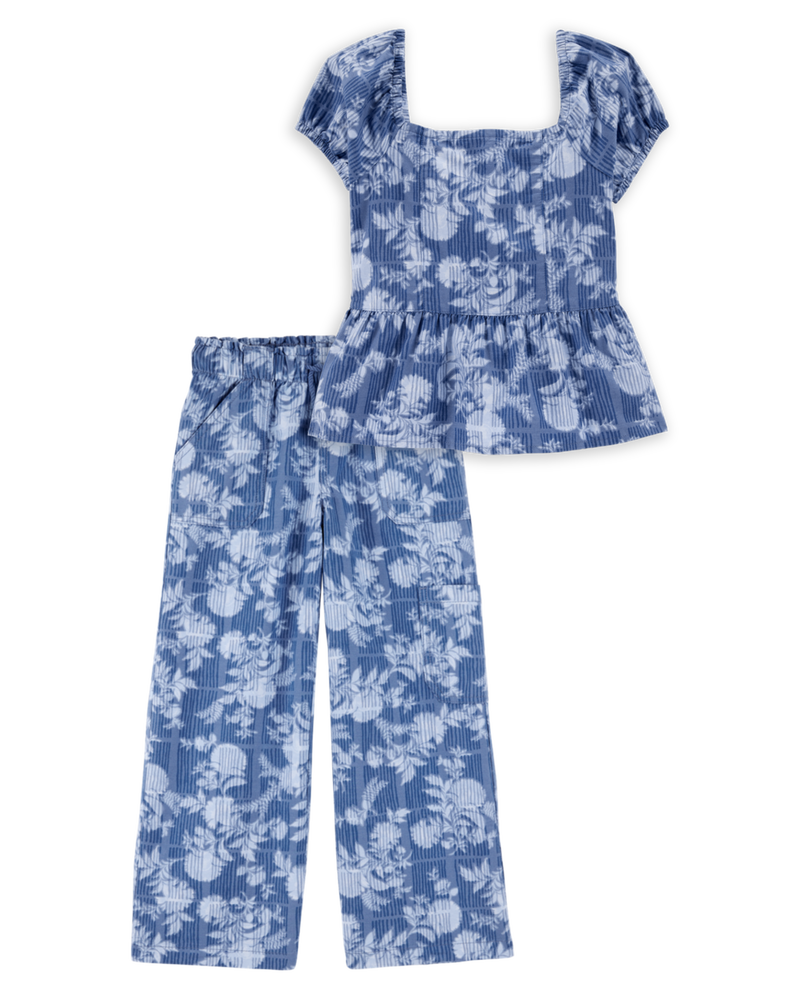 Kid 2-Piece Floral Peplum Top & Drawstring Pants Set - Blue, image 1 of 7 slides
