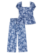 Kid 2-Piece Floral Peplum Top & Drawstring Pants Set - Blue, image 1 of 7 slides