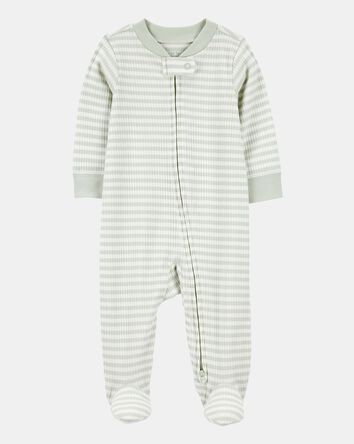 Baby Boy Striped 2-Way Zip Ribbed Sleep & Play Pajamas - Green/White, 