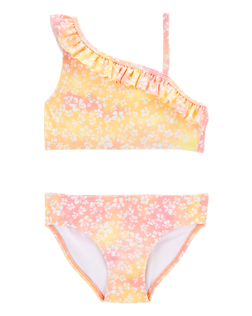 Kid 2-Piece Ruffle Floral Tie-Dye Swim Set - Pink/Yellow, 