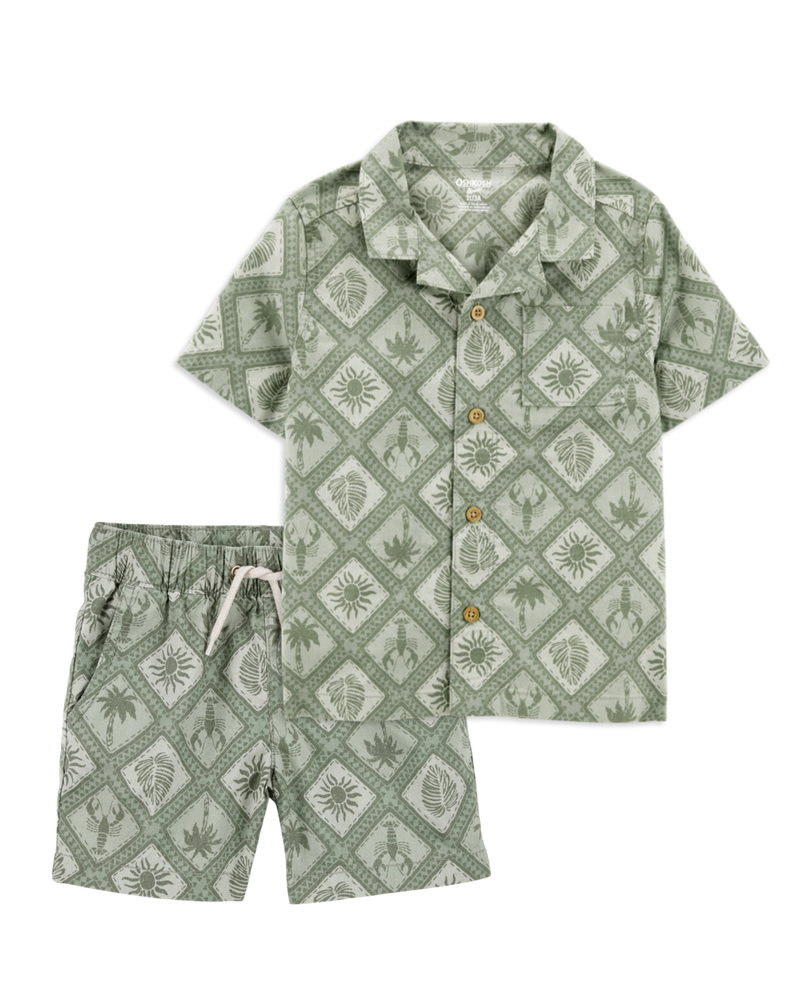 Toddler 2-Piece Tile Print Button-Down Shirt & Drawstring Shorts Set - Green, image 1 of 8 slides