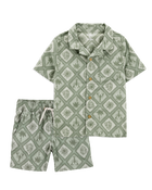 Toddler 2-Piece Tile Print Button-Down Shirt & Drawstring Shorts Set - Green, image 1 of 8 slides