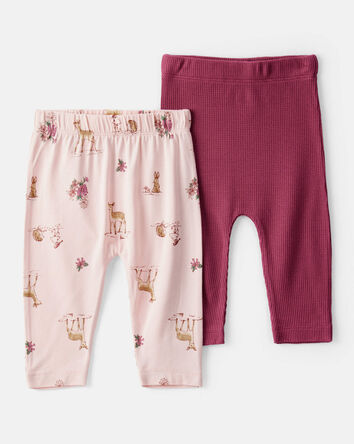 Baby Girl 2-Pack Deer & Floral Print PurelySoft Pull-On Pants - Burgundy/Pink, 