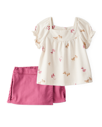 Toddler Girl 2-Piece Cowgirl Print Graphic Tee & Cotton Skirt Set - Cream/Pink, 