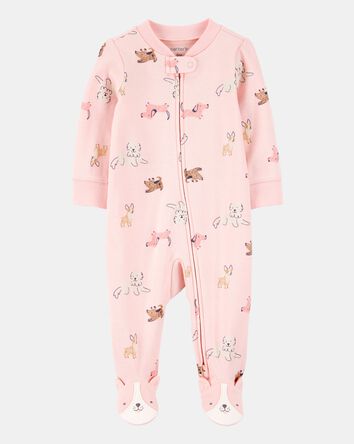 Baby Girl Dog Print 2-Way Zip Cotton Sleep & Play Pajamas - Pink, 