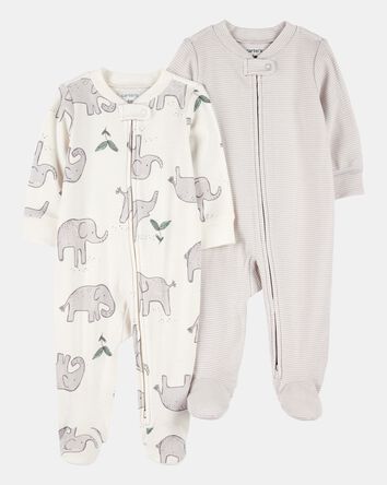 Baby 2-Pack Striped Elephant 2-Way Zip Cotton Sleep & Play Pajamas - Grey, 