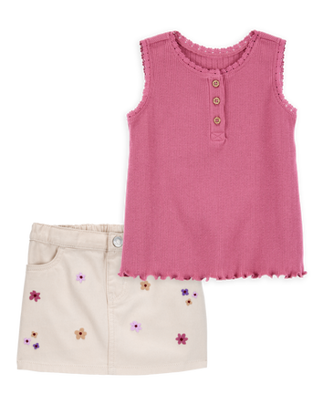 Toddler 2-Piece Rib Tank Top & Floral Twill Skirt Set - Pink/Ivory, 