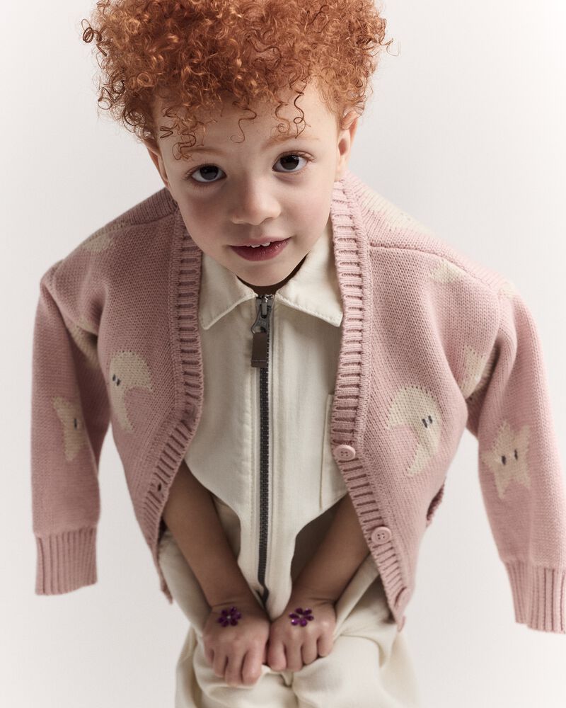 Toddler Girl Star & Moon Pocket Cardigan - Light Pink, image 1 of 7 slides