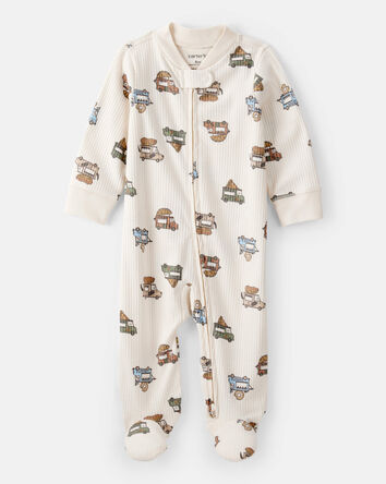 Baby Boy Truck Print Cotton Long-Sleeve Sleep & Play Pajamas - Ivory, 