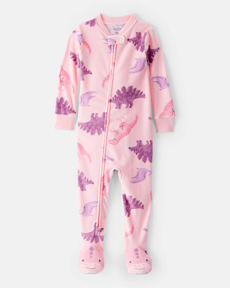 Baby Girl Dinosaur DreamPlush Snug Fit 2-Way Zip 1-Piece Pajamas - Pink, image 1 of 4 slides