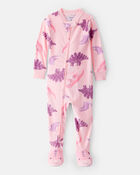Baby Girl Dinosaur DreamPlush Snug Fit 2-Way Zip 1-Piece Pajamas - Pink, image 1 of 4 slides