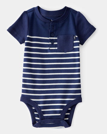 Baby Ribbed Striped Button Down  Short-Sleeve Bodysuit - Navy, 
