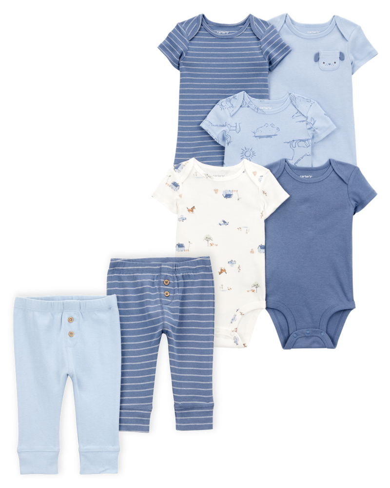 Baby 7-Piece Short-Sleeve Bodysuits & Pull-On Pants Set - Blue, image 1 of 12 slides